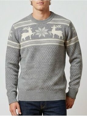 BEAMS Men's Gray Fair Isle Reindeer Crewneck Sweater